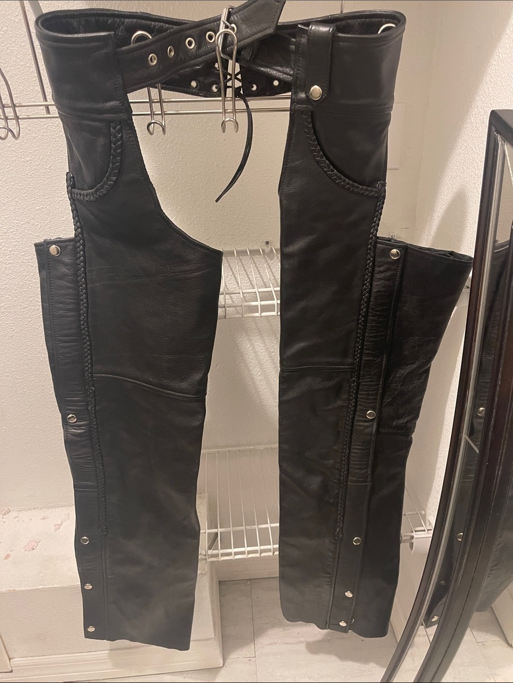 Black Men's Leather Motorcycle Chaps with Braided Trim